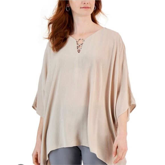 NWT SZ S Macy’s JM Collection Triple O-Ring Lurex Dolman Sleeve Tunic Top in Sug - Picture 1 of 9